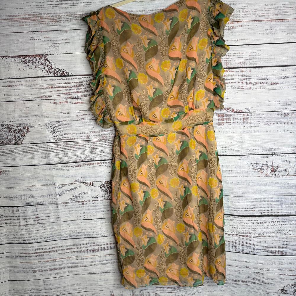 James Coviello 100% Silk Floral Ruffle Sleeve Dress Women's US 6 Art Nouveau - Picture 4 of 7